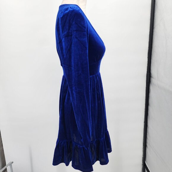 HALARA Deep V Neck Ruffled Hem Velvet Royal Blue Mini Party Dress XS NWT - Picture 10 of 12